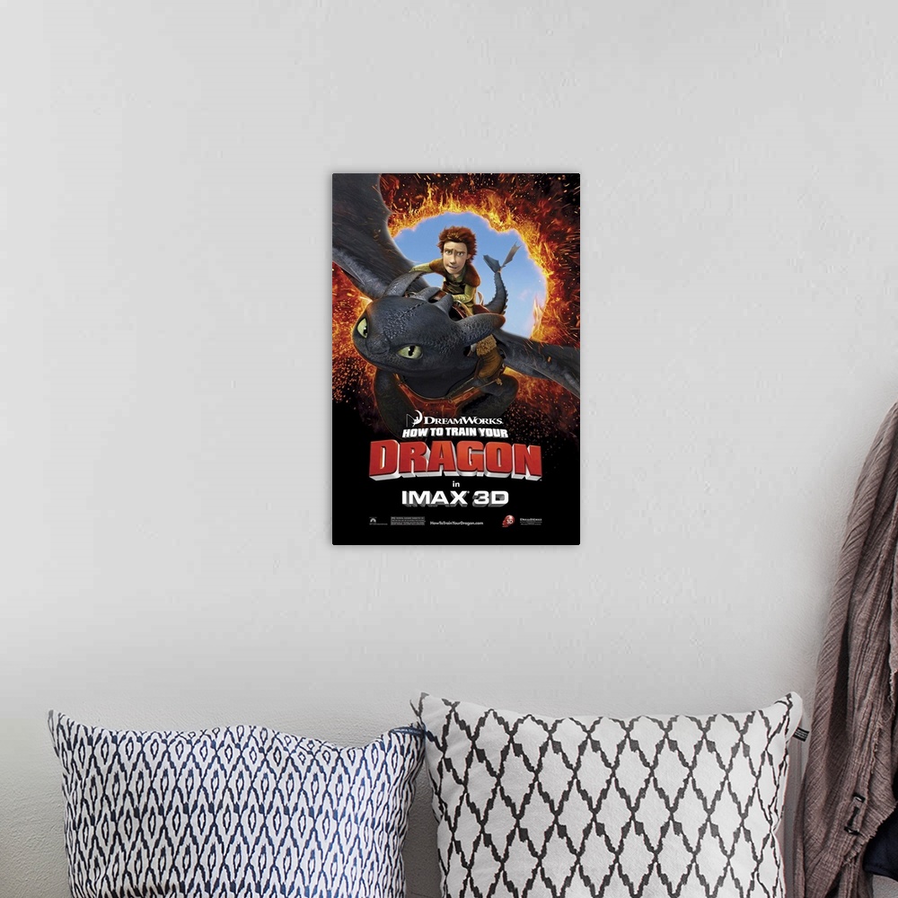 A bohemian room featuring A movie poster for the popular animated movie shows the hero rides on the back of a dragon throug...
