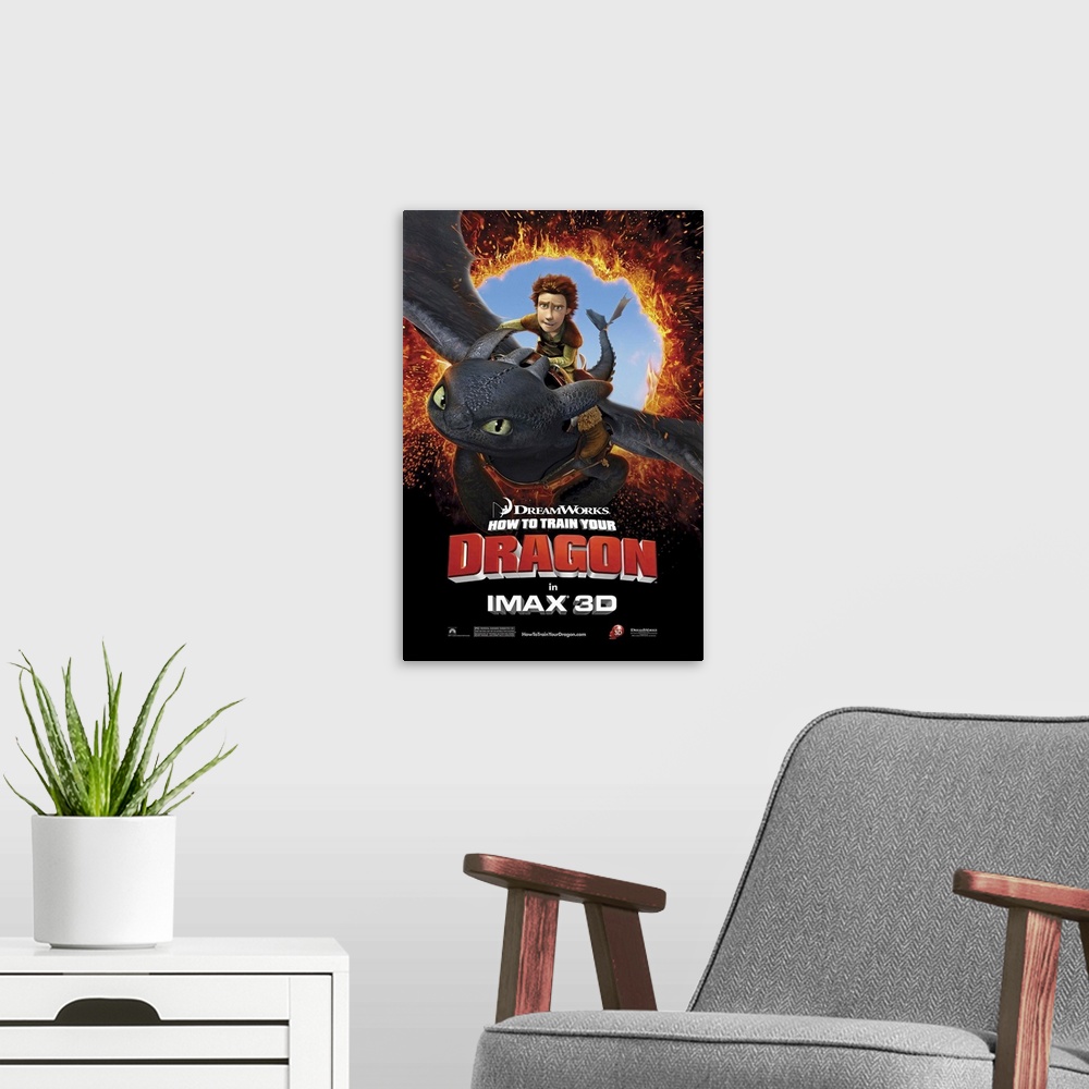 A modern room featuring A movie poster for the popular animated movie shows the hero rides on the back of a dragon throug...