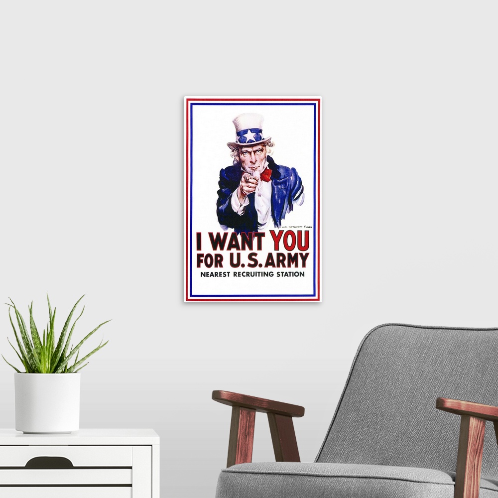 A modern room featuring I Want You for U.S. Army