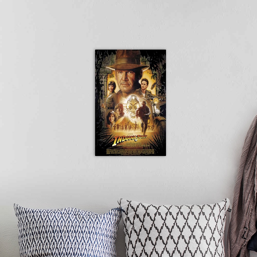 A bohemian room featuring Movie poster for the fourth Indiana Jones movie, showing characters from the movie including Harr...