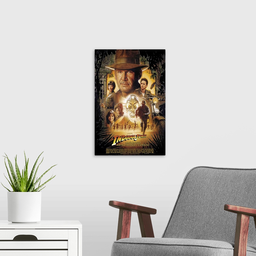 A modern room featuring Movie poster for the fourth Indiana Jones movie, showing characters from the movie including Harr...