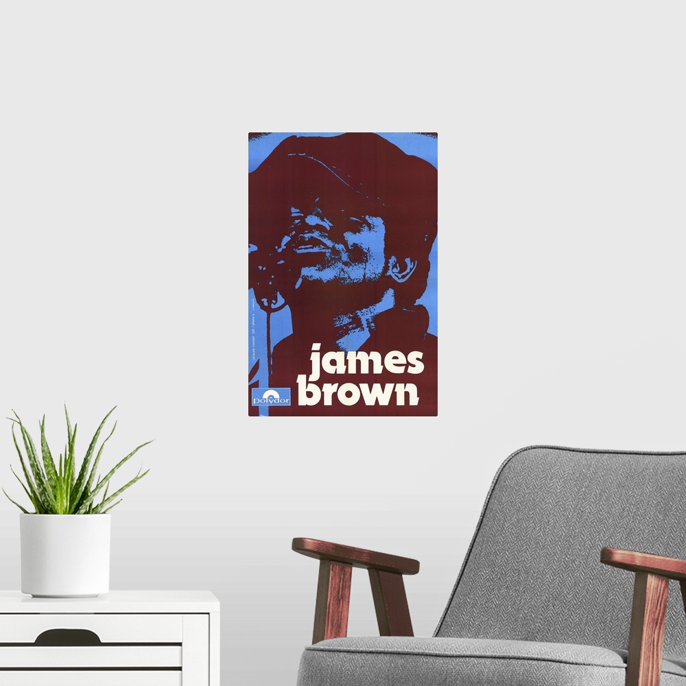 A modern room featuring A vintage poster of James Brown that uses only blue and a deep red color to silhouette his portrait.