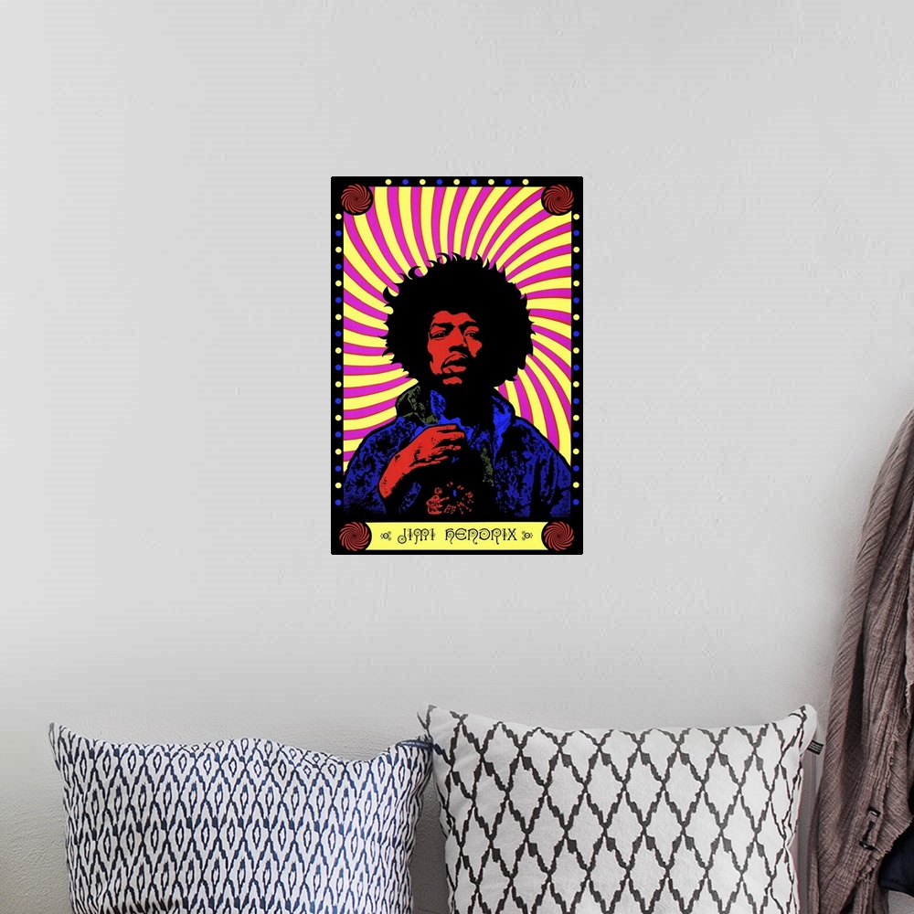 A bohemian room featuring A psychedelic colored portrait of the singer Jimi Hendrix against a swirled pink and yellow backg...