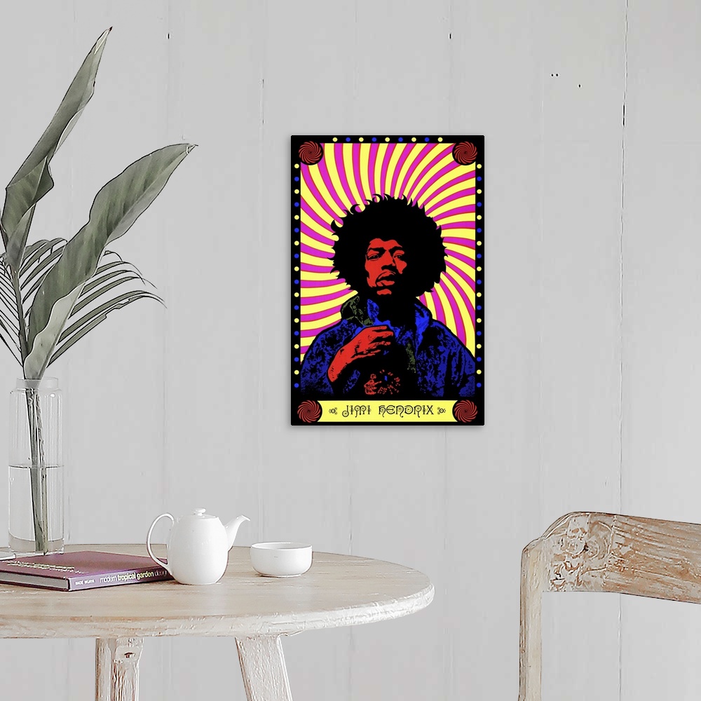 A farmhouse room featuring A psychedelic colored portrait of the singer Jimi Hendrix against a swirled pink and yellow backg...