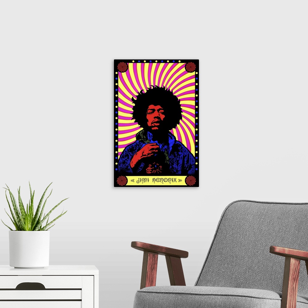 A modern room featuring A psychedelic colored portrait of the singer Jimi Hendrix against a swirled pink and yellow backg...