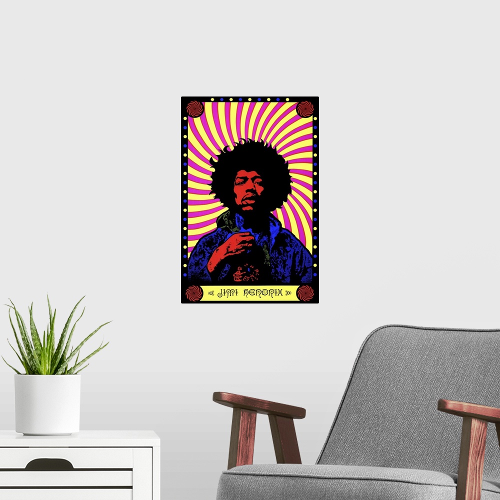 A modern room featuring A psychedelic colored portrait of the singer Jimi Hendrix against a swirled pink and yellow backg...