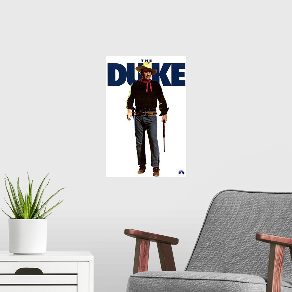 A modern room featuring Movie poster advertising the 1971 movie The Duke starring John Wayne.