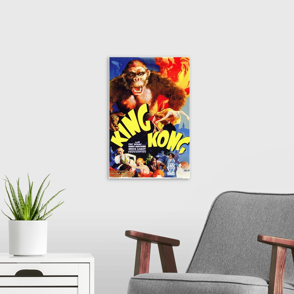 A modern room featuring Poster for the 1933 movie King Kong. It shows King Kong towering over people at the bottom of the...