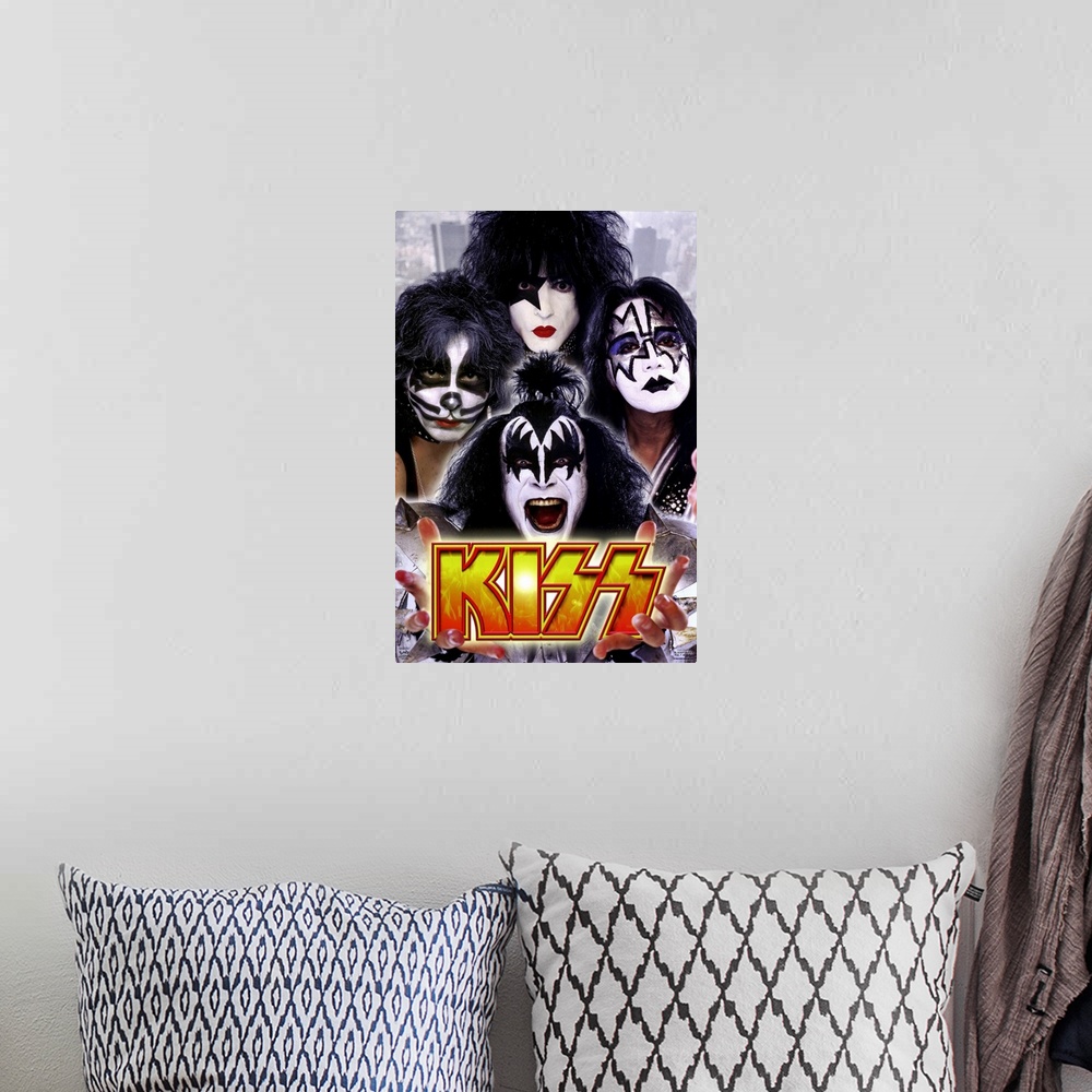 A bohemian room featuring A vertical poster of the flamboyant rock band photographed from the shoulders up.