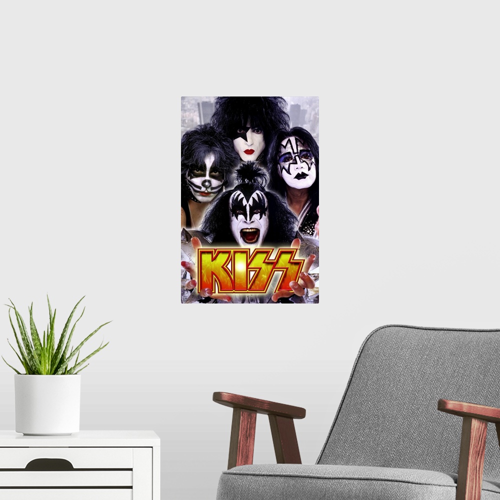 A modern room featuring A vertical poster of the flamboyant rock band photographed from the shoulders up.