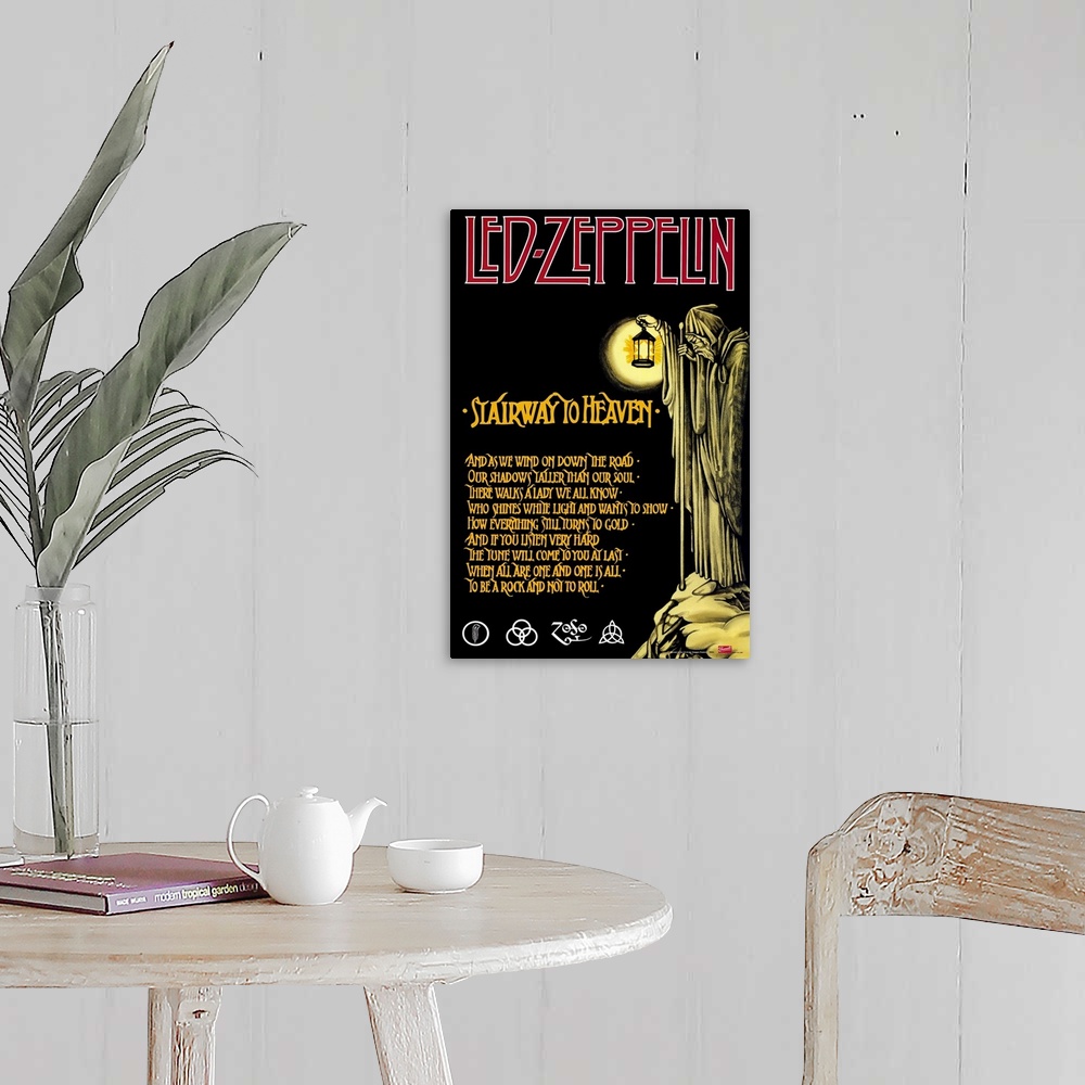 A farmhouse room featuring Vintage poster of English rock band's song lyrics with grim reaper holding lantern and standing o...