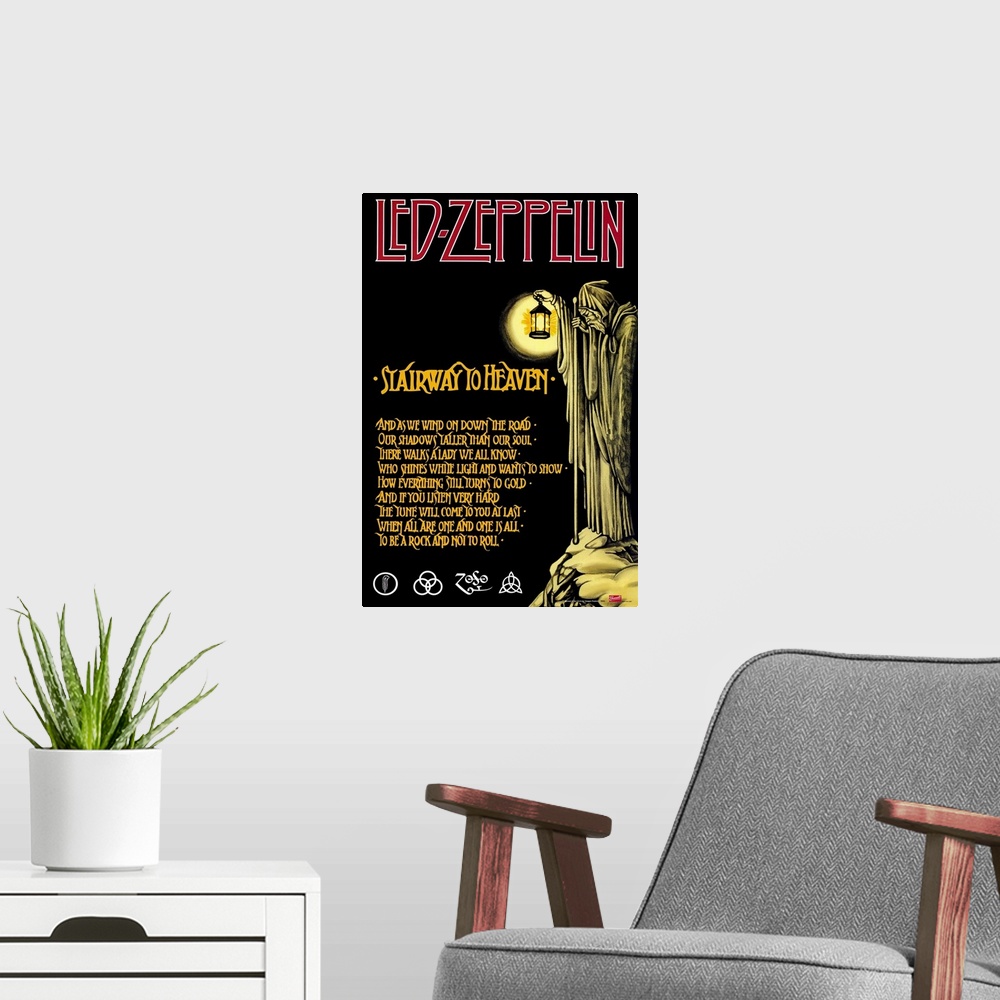 A modern room featuring Vintage poster of English rock band's song lyrics with grim reaper holding lantern and standing o...