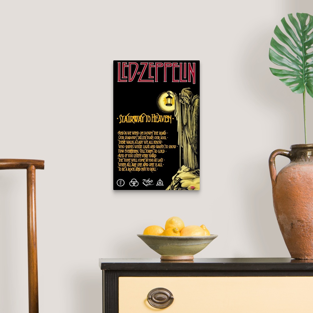 A traditional room featuring Vintage poster of English rock band's song lyrics with grim reaper holding lantern and standing o...