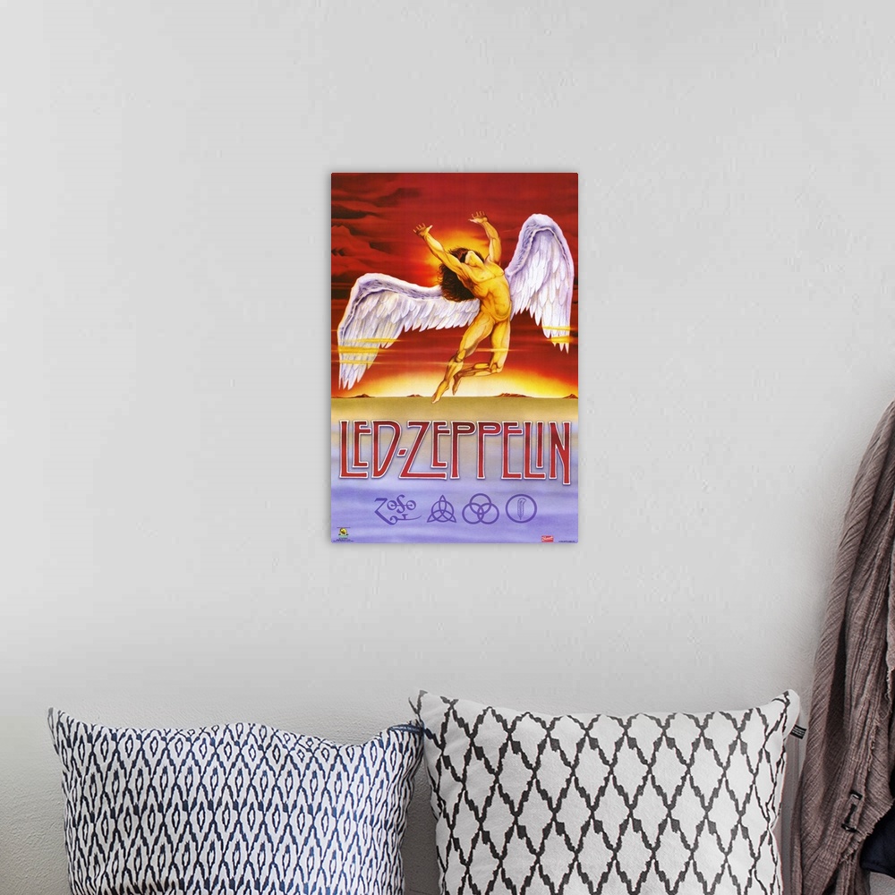 A bohemian room featuring Vertical, oversized artwork for Led Zeppelin, a muscular, nude, human figure with large wings fly...