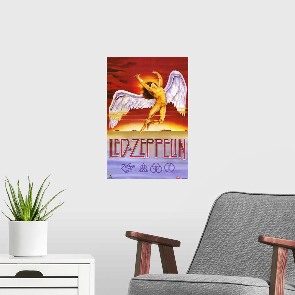 A modern room featuring Vertical, oversized artwork for Led Zeppelin, a muscular, nude, human figure with large wings fly...