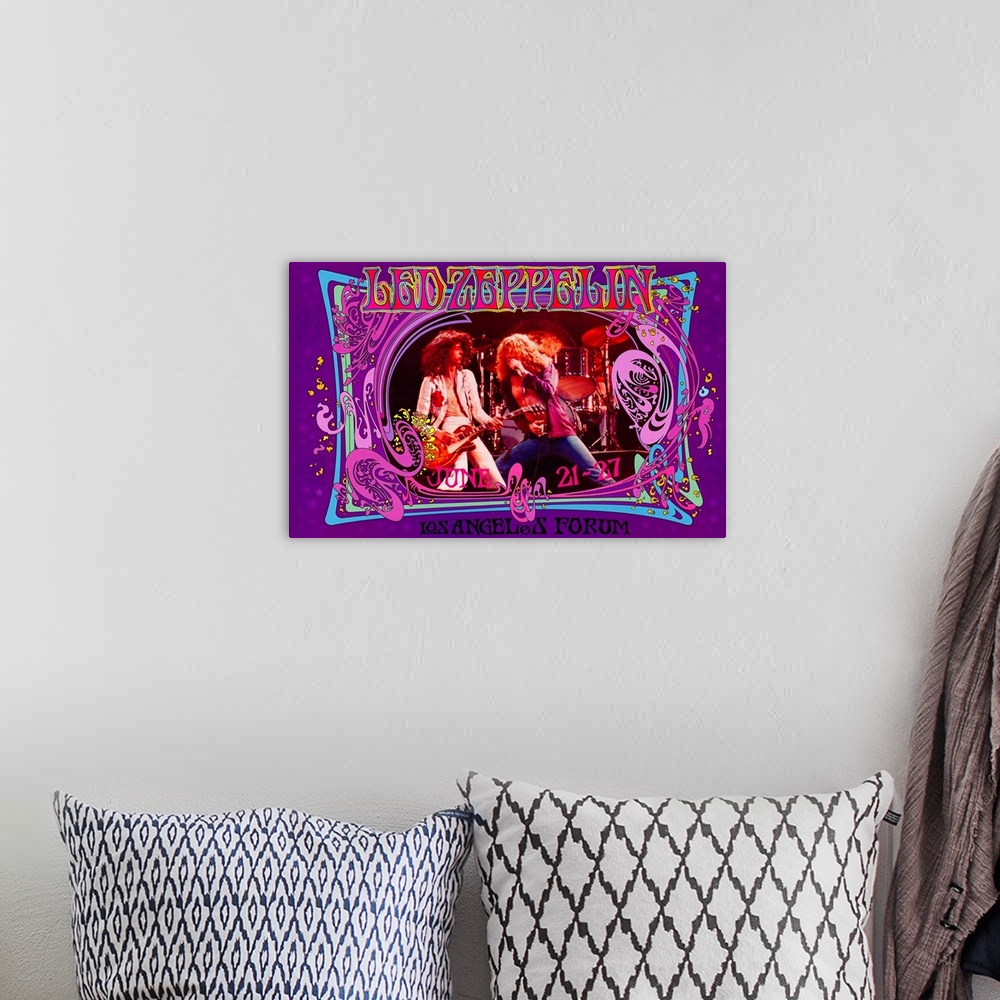 A bohemian room featuring Giant, landscape wall hanging of Robert Plant performing at the Los Angeles Forum, with the rest ...