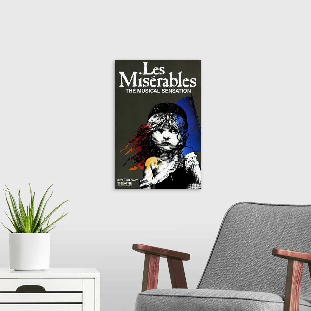 A modern room featuring Vintage poster advertising popular musical sensation.  There is a little girl with a blue, white ...