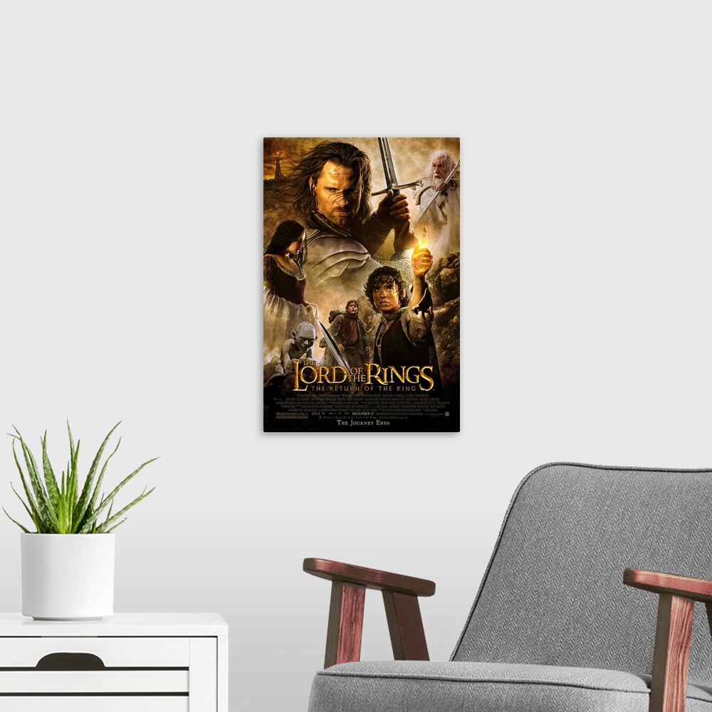 A modern room featuring Movie poster for the final installment of The Lord of the Rings. It highlights most of the main c...