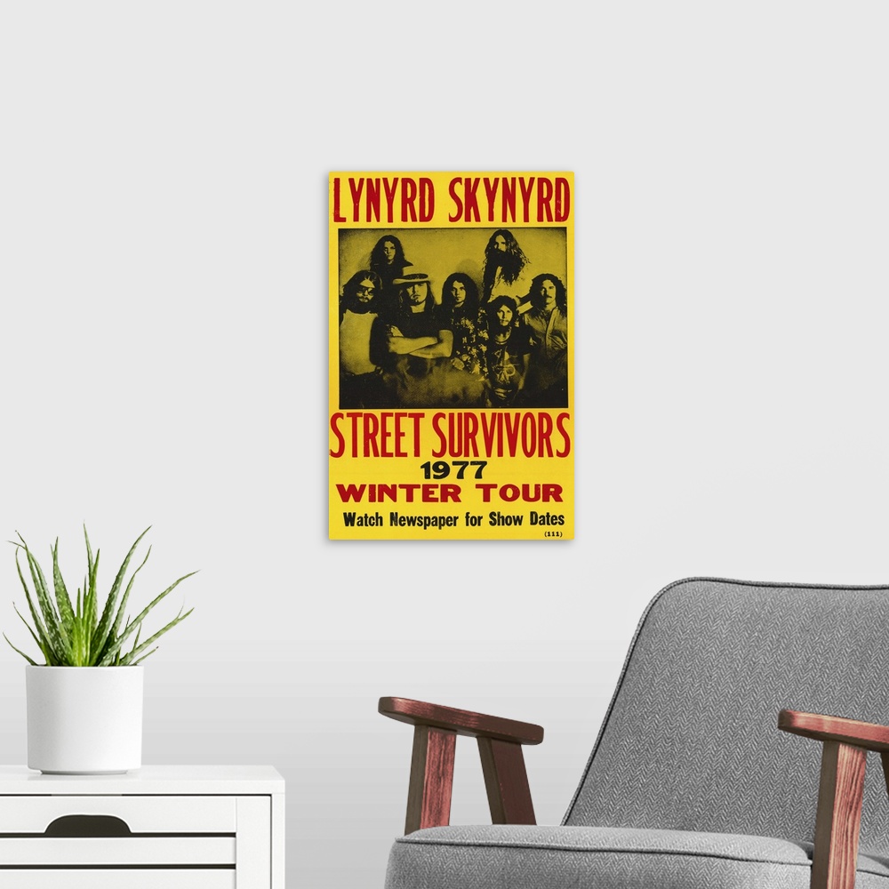 A modern room featuring Vintage poster for American rock band's tour "Street Survivors."  The band was popular for promot...
