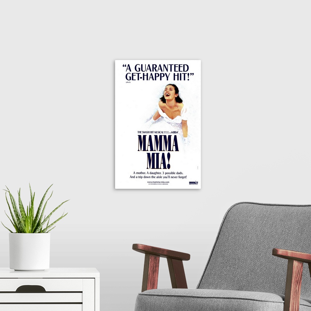A modern room featuring Portrait, large wall hanging for the Broadway musical, Mamma Mia of a woman in a white dress laug...