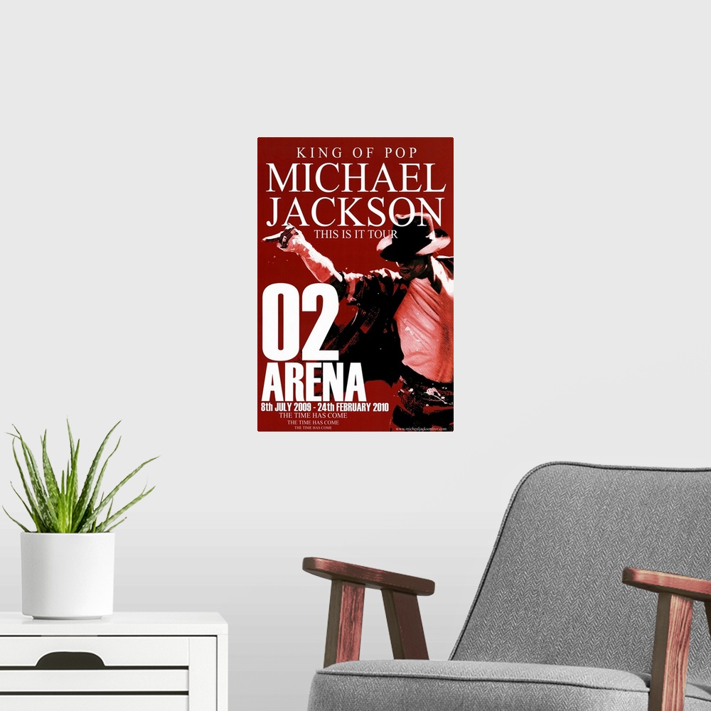 A modern room featuring A movie poster for the documentary Michael Jackson This is It Tour, a compilation of interviews, ...
