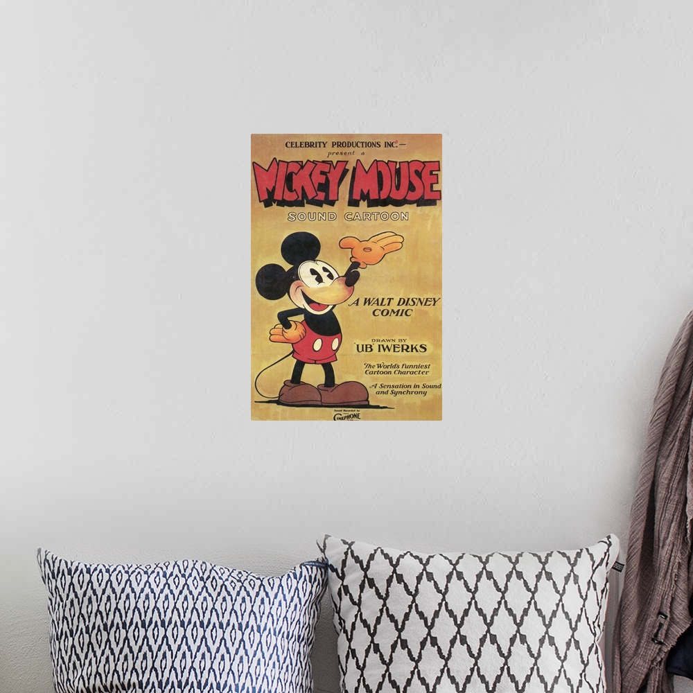 A bohemian room featuring Portrait, large vintage advertisement for a Mickey Mouse sound cartoon from 1930.  Mickey Mouse s...