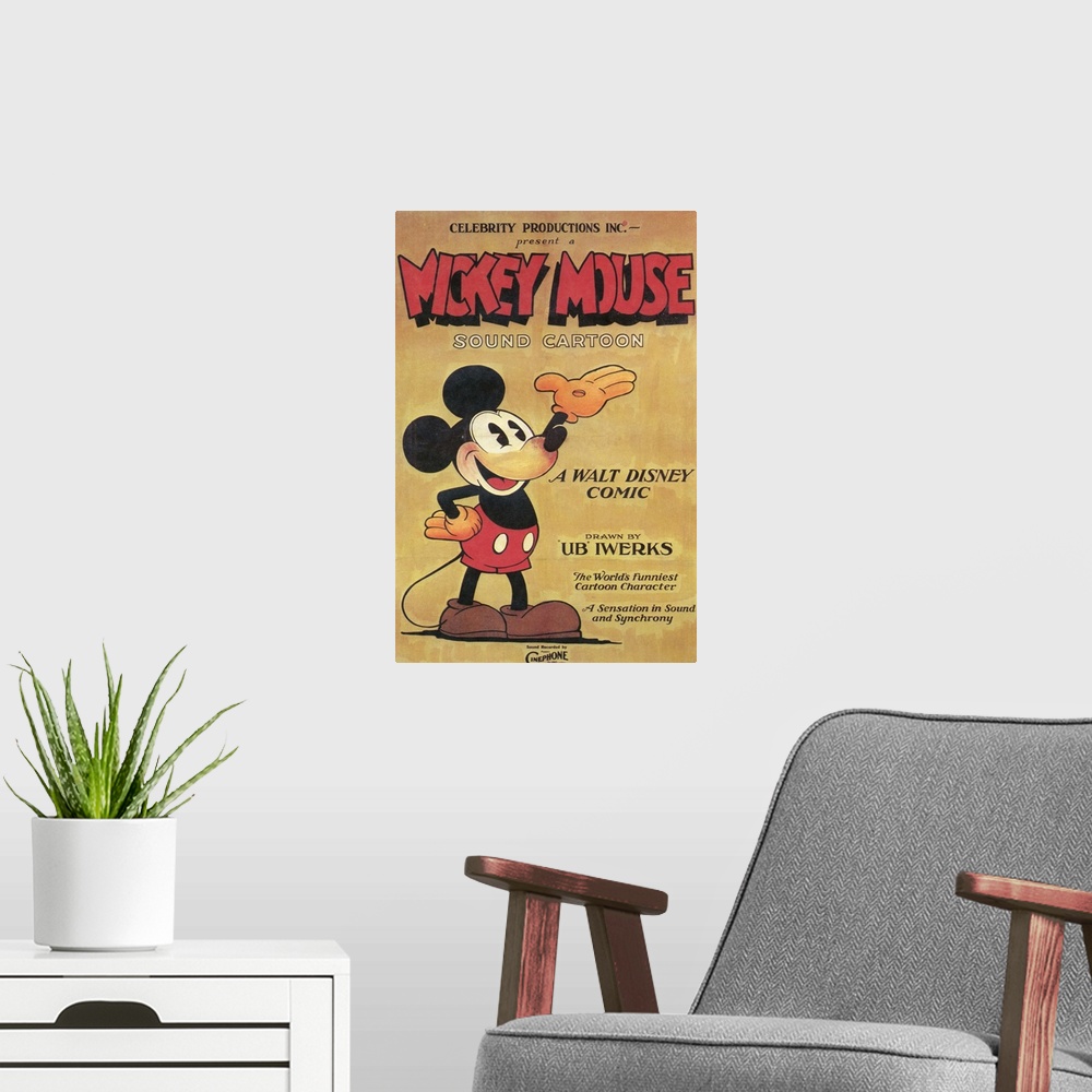 A modern room featuring Portrait, large vintage advertisement for a Mickey Mouse sound cartoon from 1930.  Mickey Mouse s...