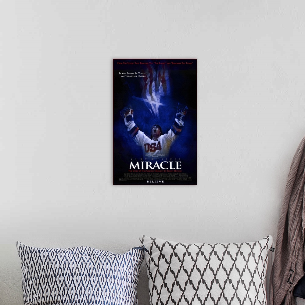 A bohemian room featuring Docudrama movie poster for film "Miracle," starring Kurt Russell as US men's hockey team head coa...