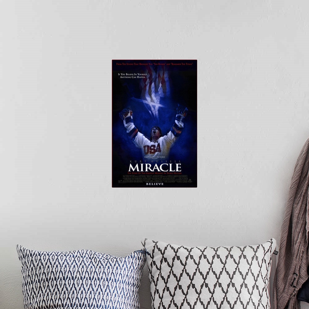 A bohemian room featuring Docudrama movie poster for film "Miracle," starring Kurt Russell as US men's hockey team head coa...
