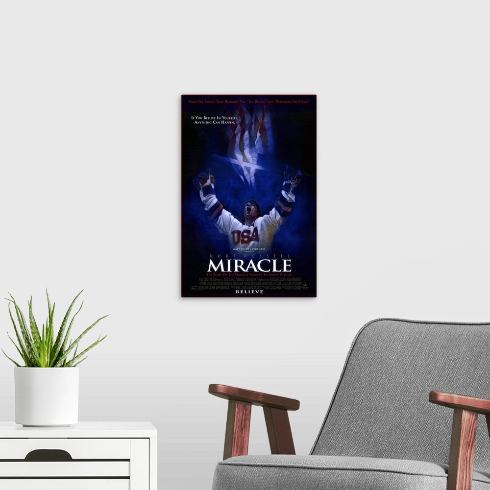 A modern room featuring Docudrama movie poster for film "Miracle," starring Kurt Russell as US men's hockey team head coa...