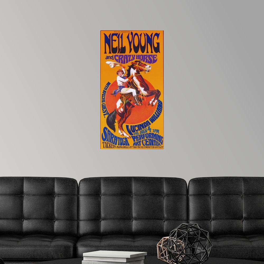 A modern room featuring Movie poster for "Neil Young and Crazy Horse" with a horse standing on its back legs as a cowboy ...