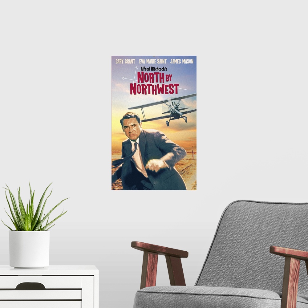 A modern room featuring Movie poster for Alfred Hitchcock's classic 1959 film North By Northwest starring Cary Grant, Eva...