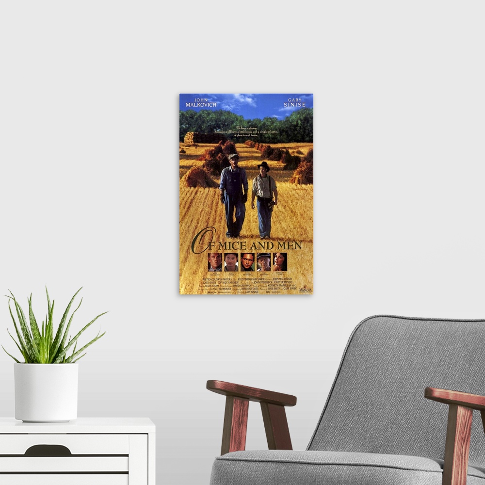 A modern room featuring Set on the migratory farms of California, John Steinbeck's novel covers the friendship of the sim...