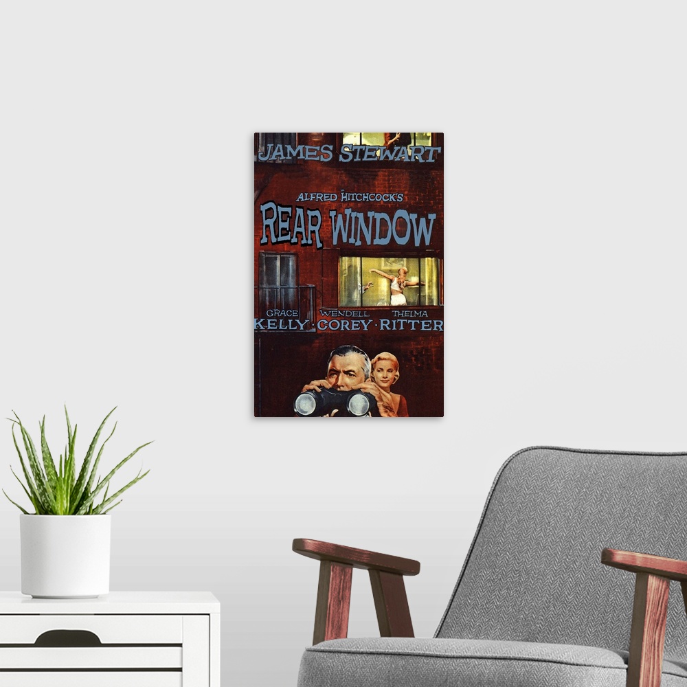 A modern room featuring Classic movie poster for Alfred Hitchcock's "Rear Window". It shows the main character with his b...