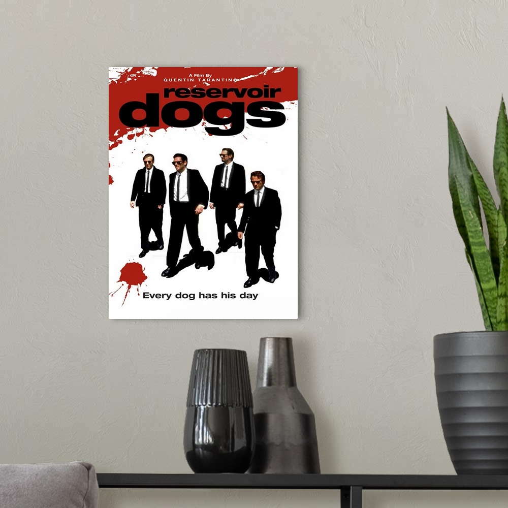 A modern room featuring Movie poster for "Reservoir Dogs". It has the four main characters walking in suits with splashes...