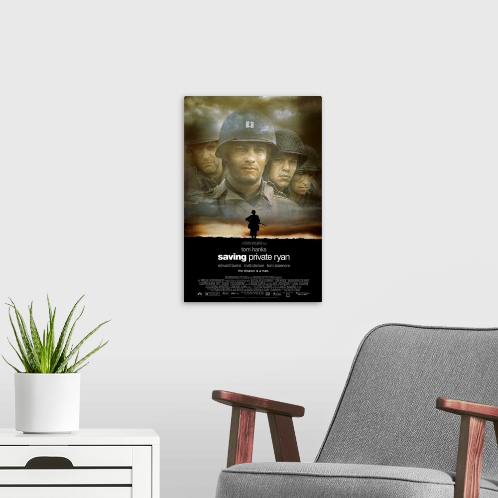 A modern room featuring Big-budget WWII Spielberg epic finds eight soldiers, led by army captain Hanks, forced to go behi...