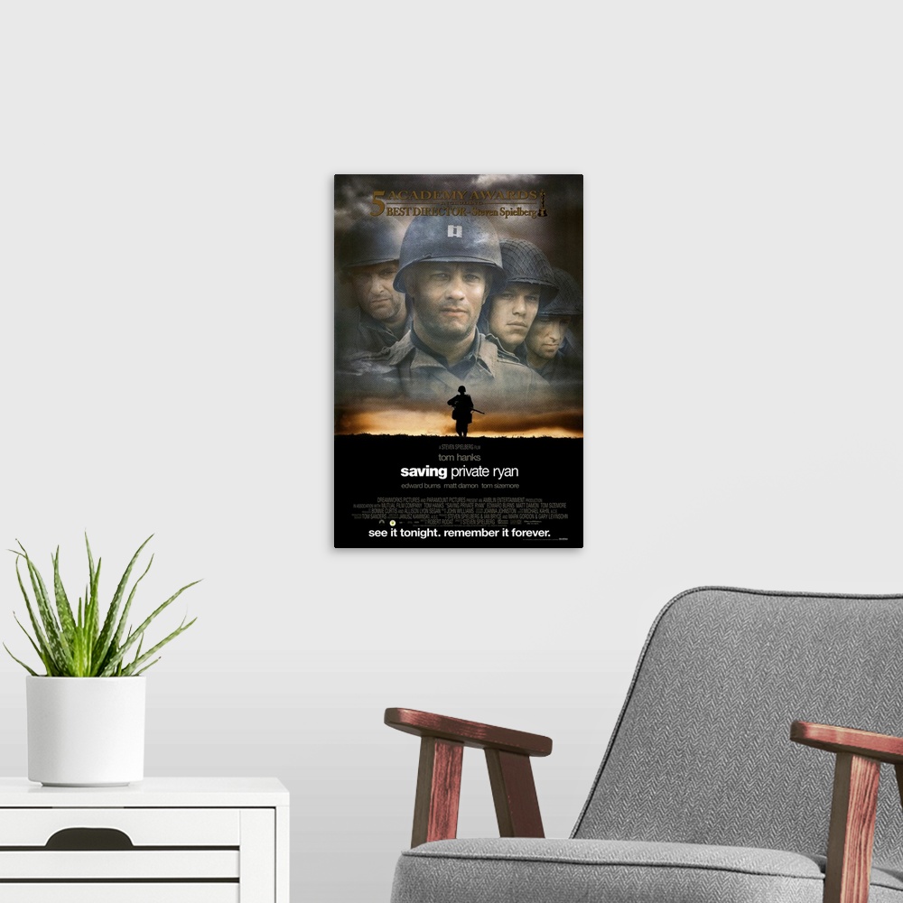 A modern room featuring The classic movie poster for "Saving Private Ryan". There is a faded picture of the four main cha...