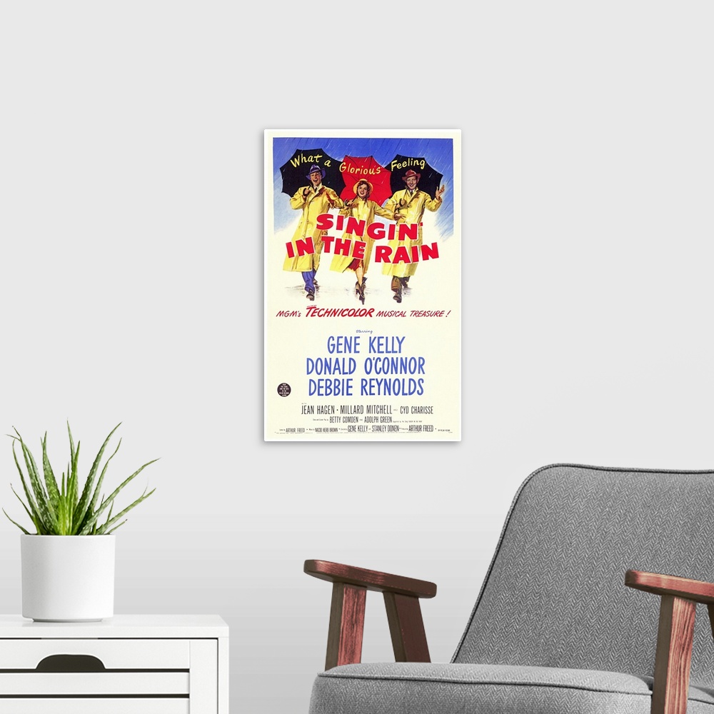 A modern room featuring Vintage move poster for the movie Singing in the Rain with the three main characters in raincoats...