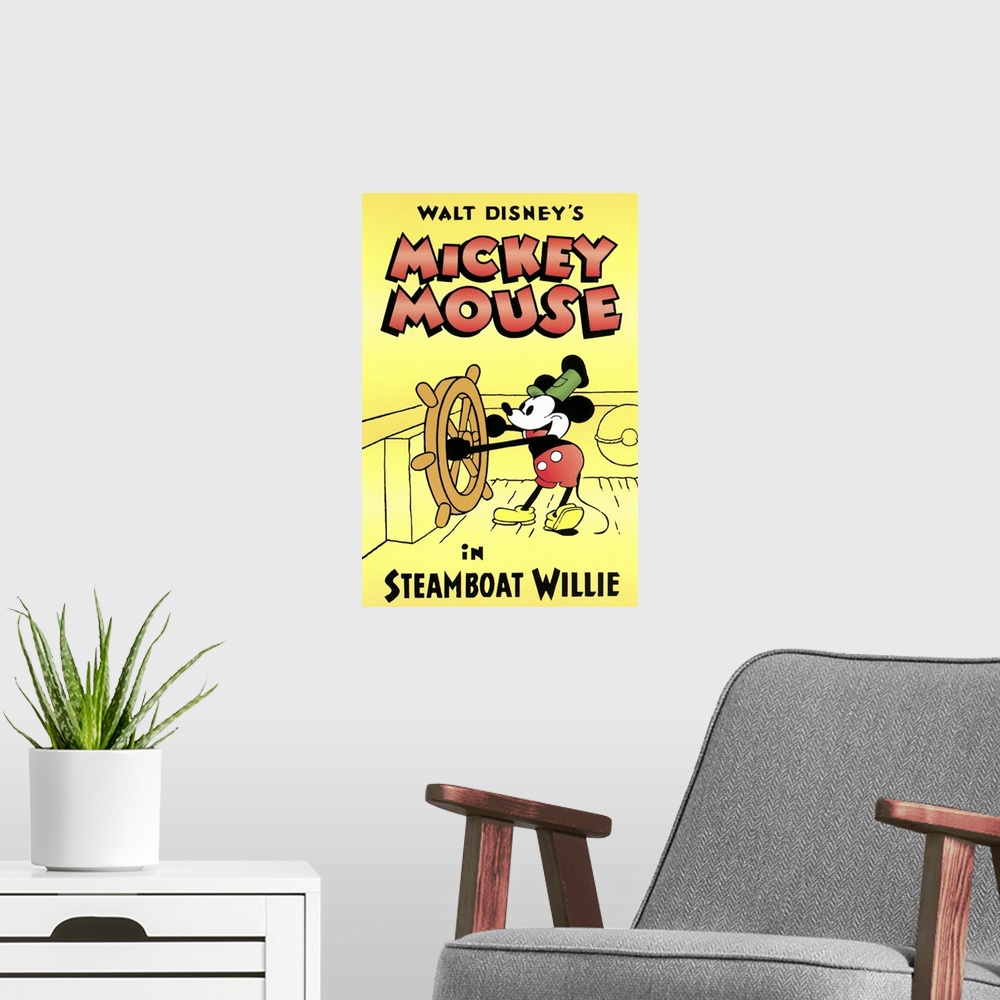 A modern room featuring Vintage poster of the classic Mickey Mouse cartoon Steamboat Willie in full color.