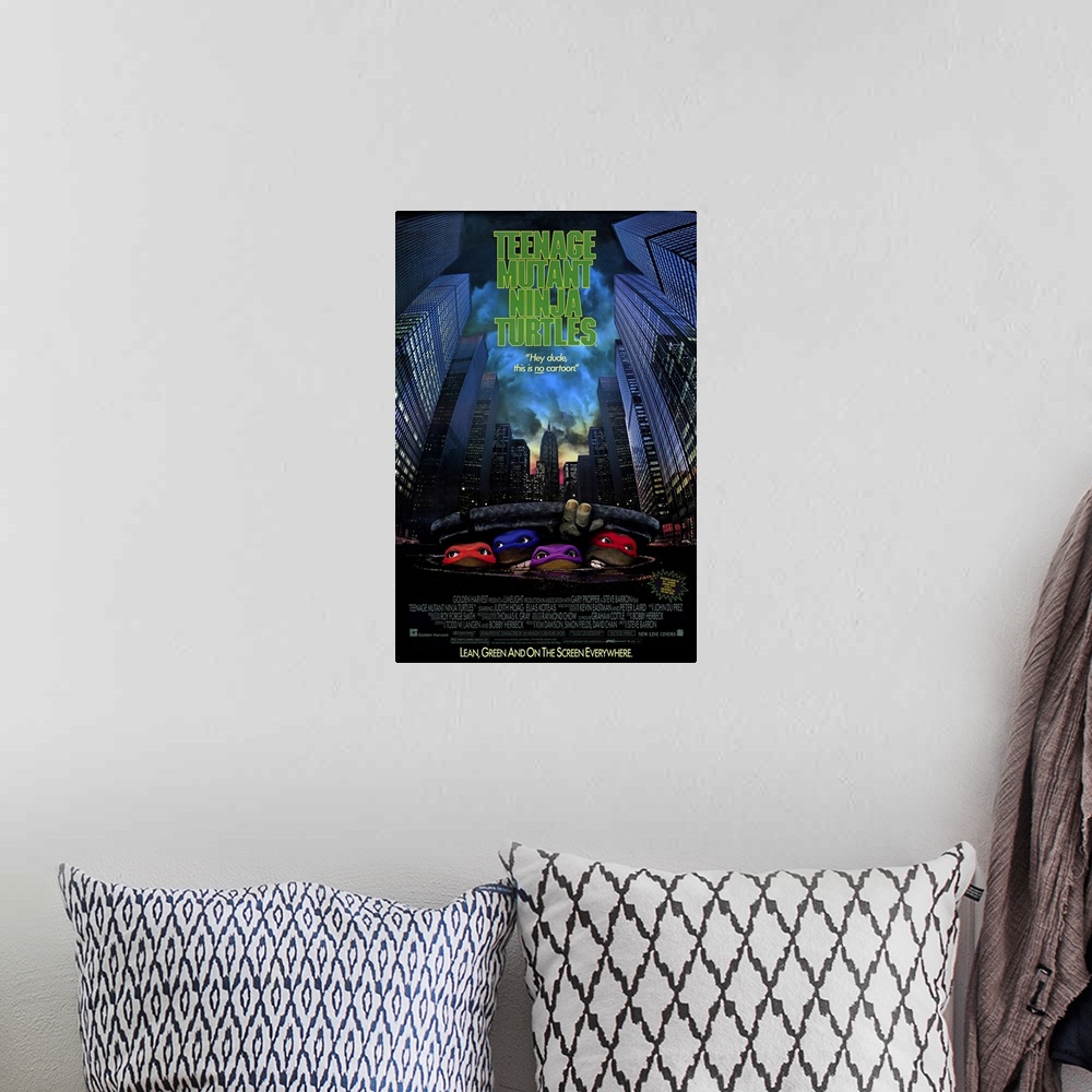 A bohemian room featuring Poster for the 1989 film "Teenage Mutant Ninja Turtles". It shows the four turtles faces popping ...