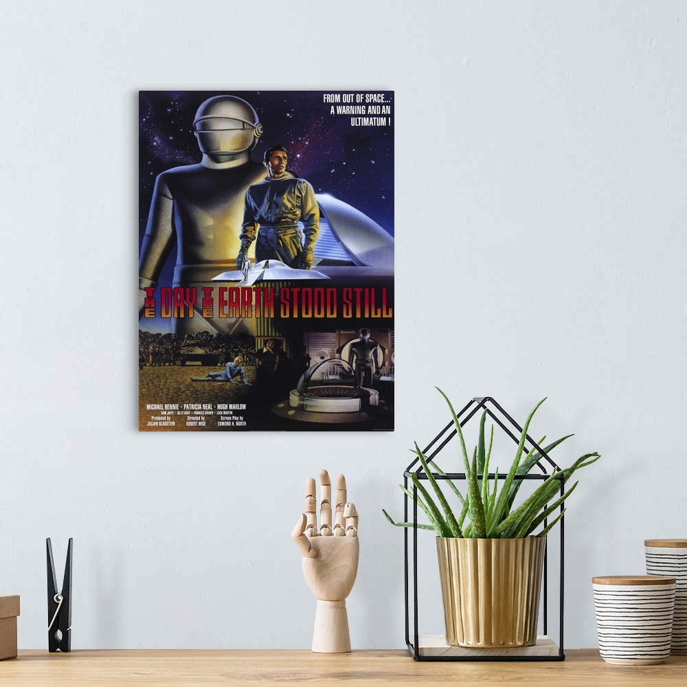 A bohemian room featuring This piece is a drawn movie poster for the original "The Day the Earth Stood Still".