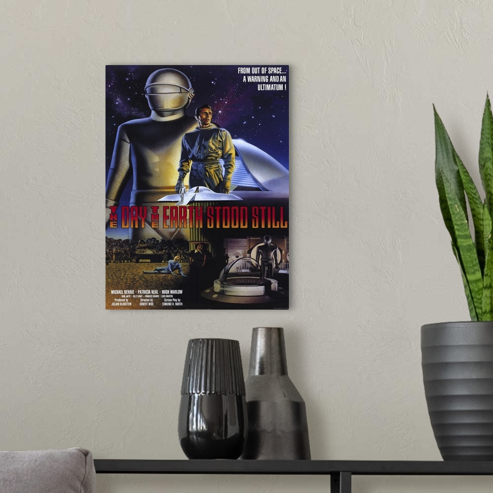 A modern room featuring This piece is a drawn movie poster for the original "The Day the Earth Stood Still".