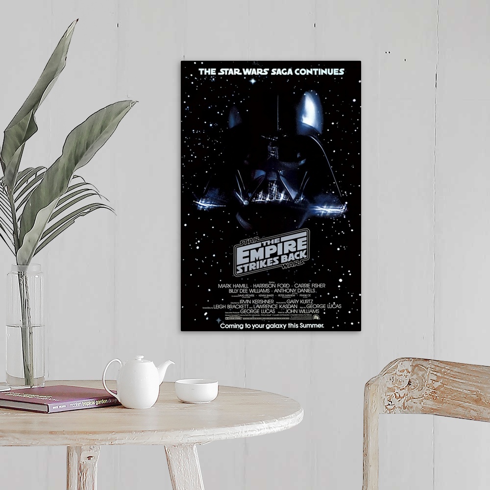 A farmhouse room featuring Giant, vertical movie image on canvas for The Empire Strikes Back, with Darth Vader's head on a g...