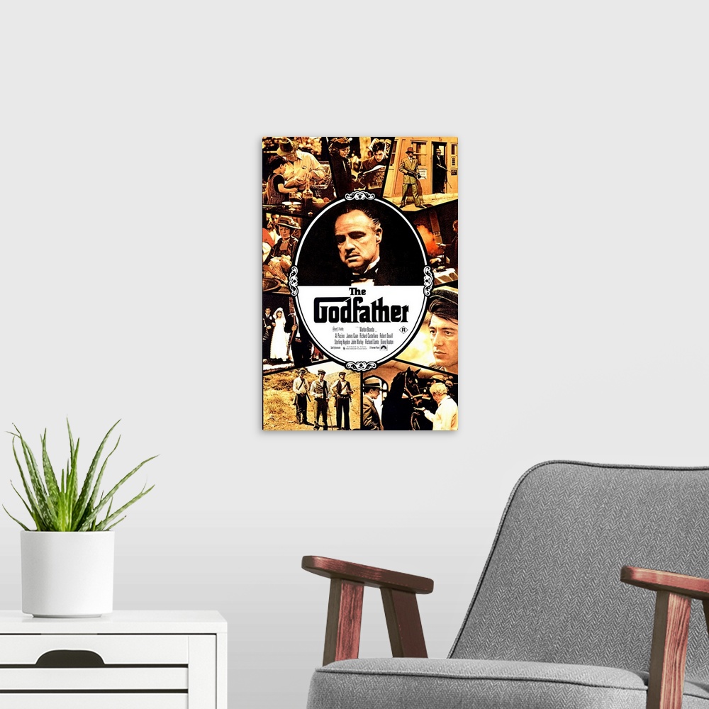 A modern room featuring Movie poster for "The Godfather" that has Marlon Brando in the center of the poster with a collag...