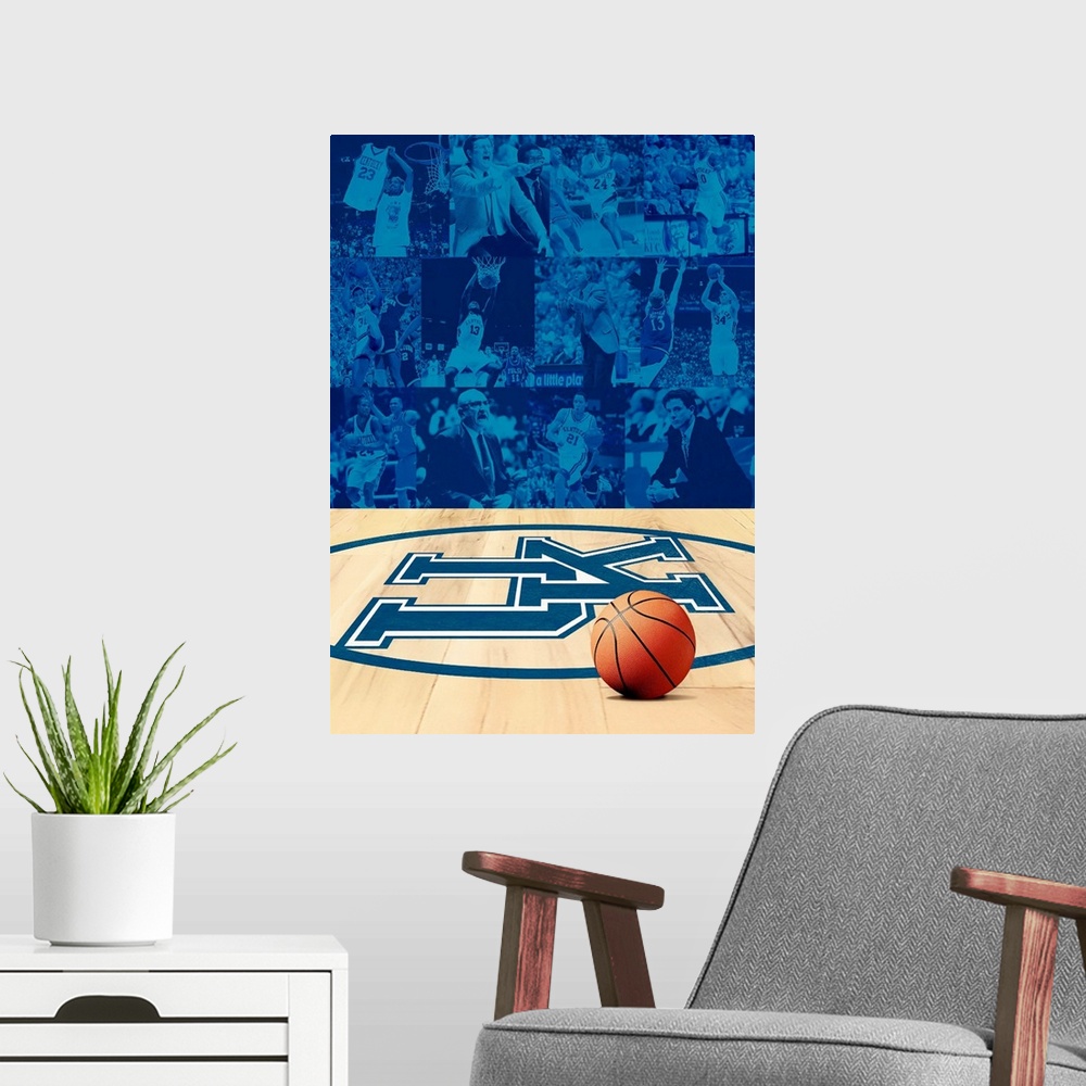 A modern room featuring Portrait, large wall picture of collaged images displaying great moments in University of Kentuck...