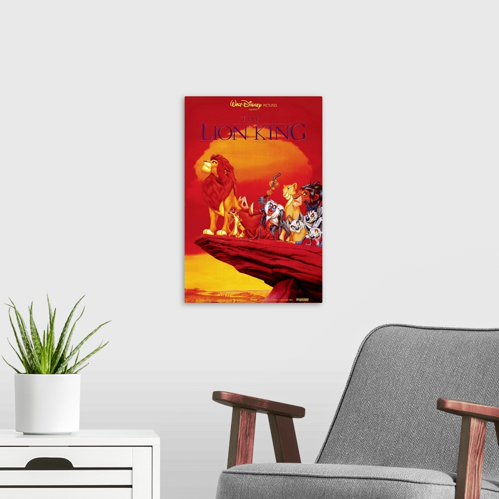 A modern room featuring Large, vertical movie advertisement of the Walt Disney movie, The Lion King.  A grown Simba peers...