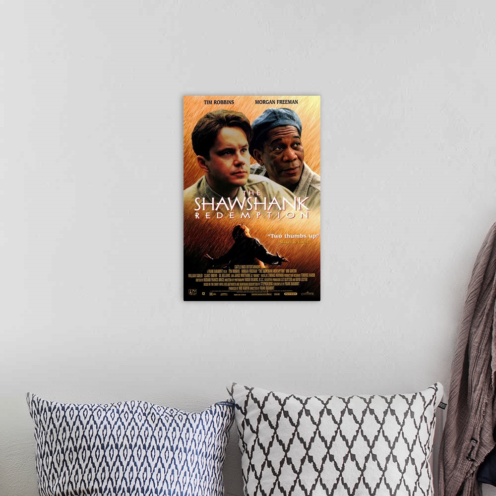 A bohemian room featuring Movie poster for "Shawshank Redemption" with both Tim Robbins and Morgan Freeman shown and the ic...
