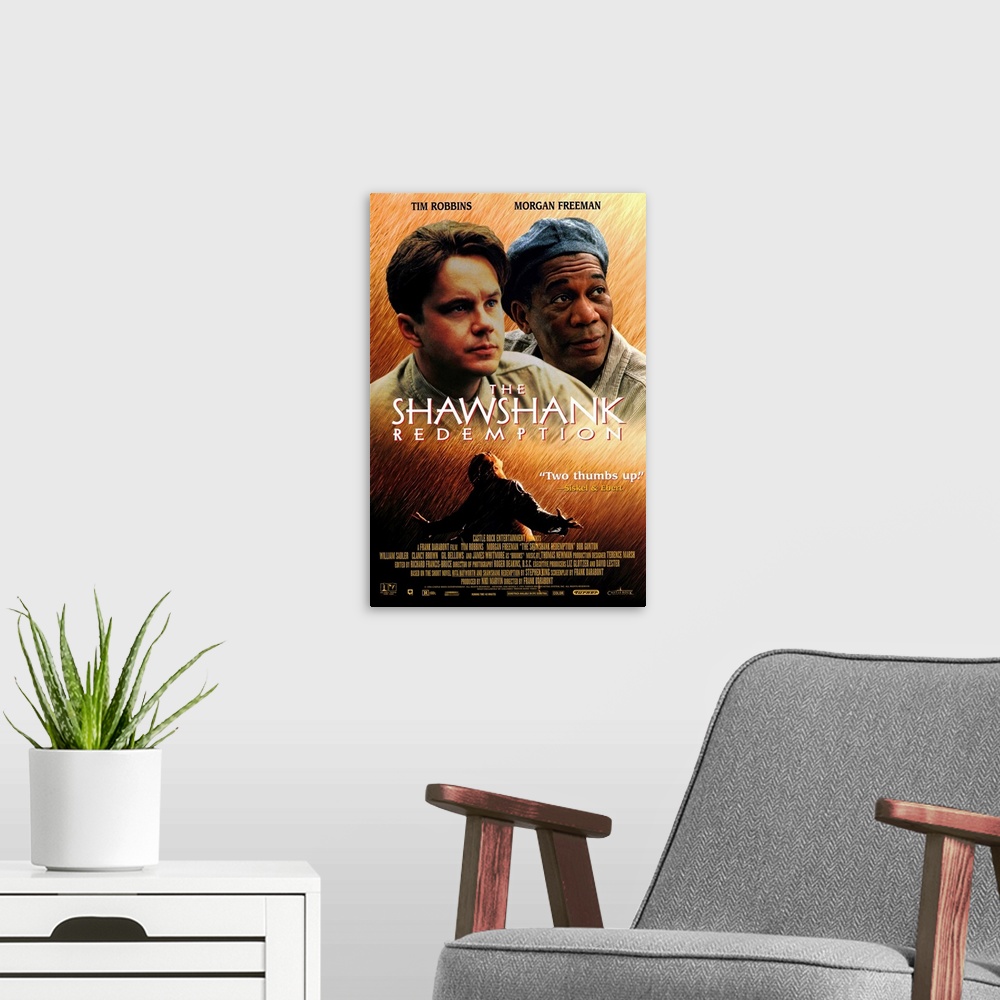 A modern room featuring Movie poster for "Shawshank Redemption" with both Tim Robbins and Morgan Freeman shown and the ic...