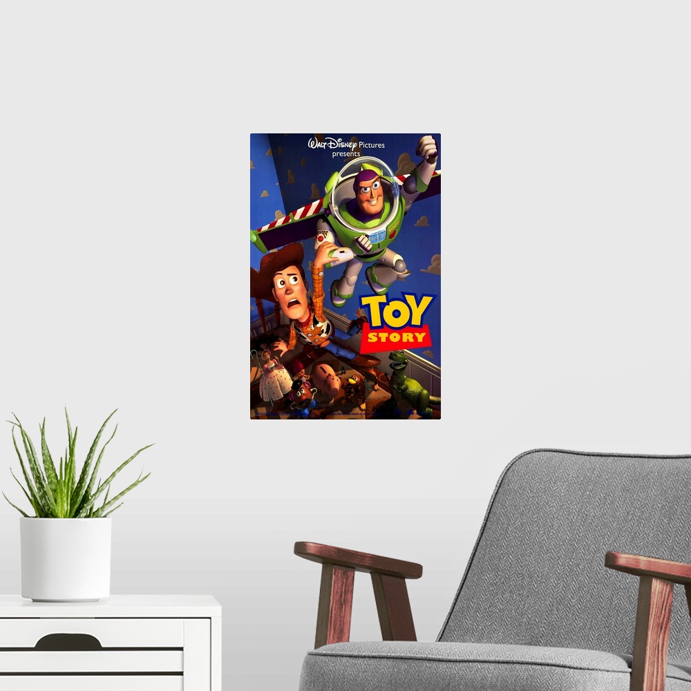 A modern room featuring Portrait, large movie poster of Toy Story.  Buzz lightyear flying through the air, Woody holding ...