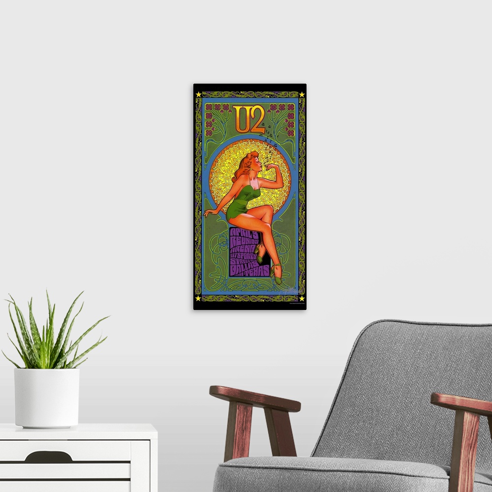 A modern room featuring This is a music poster that uses a combination of Art Nouveau and Arts & Crafts decorative elemen...